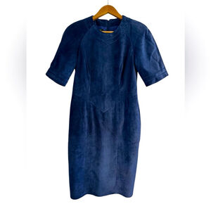 Danier Deep Blue Suede Leather Sheath Midi Dress Modern Western Old Money